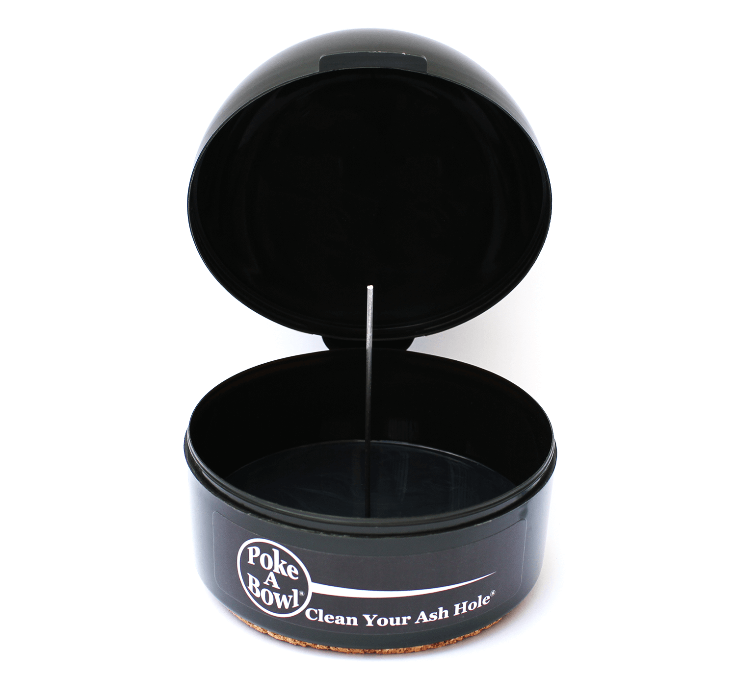 Poke A Bowl Dome Ashtray with lid open showing built-in debowler spike and silicone interior