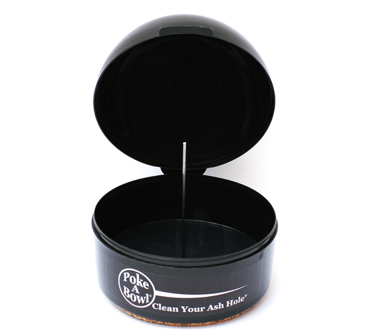 Poke A Bowl Dome Ashtray with lid open showing built-in debowler spike and silicone interior